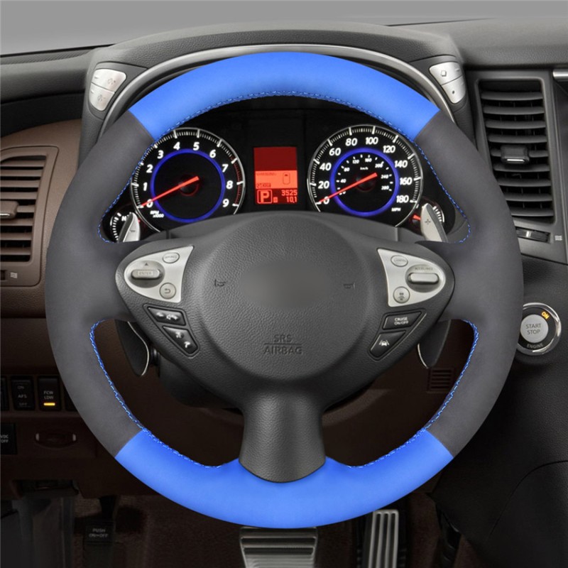 Loncky Auto Custom Fit OEM Black Blue Suede Leather Car Steering Wheel Cover for Nissan Juke